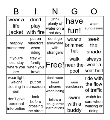 Summer Safety Bingo Card
