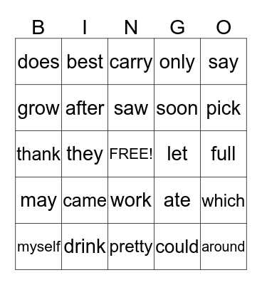 Sight Words Bingo Card