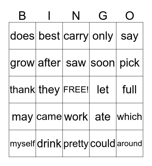 Sight Words Bingo Card