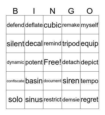 Open Syllable Bingo Card