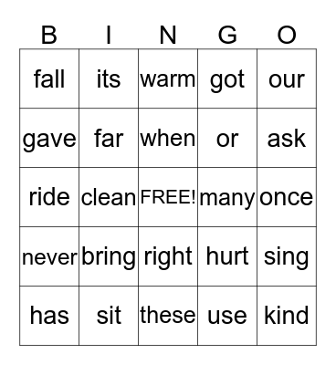 Sight Words Bingo Card
