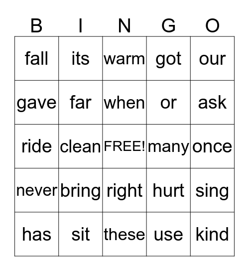 Sight Words Bingo Card