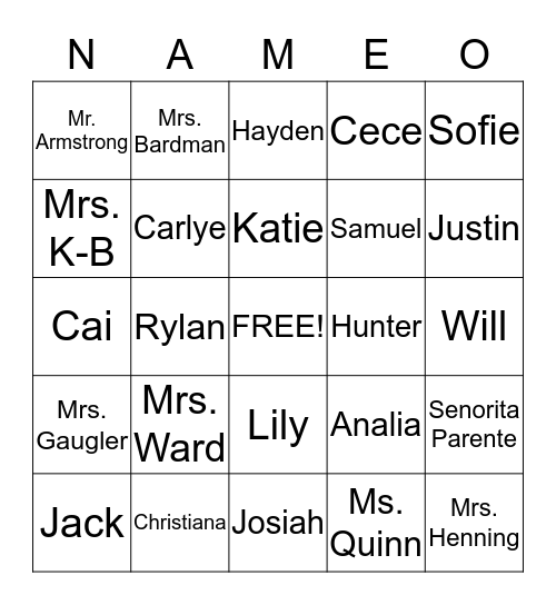 Mrs. Gaugler's Class Bingo Card