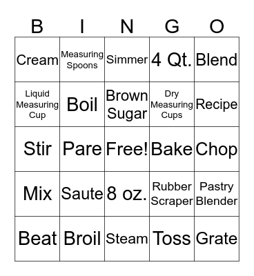 Food Preparation Terms  Bingo Card