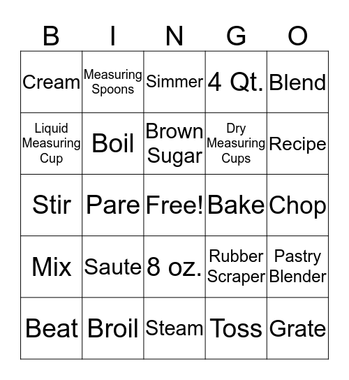 Food Preparation Terms  Bingo Card