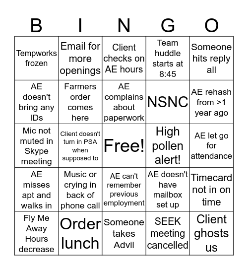 SEEK Weekly Bingo Card