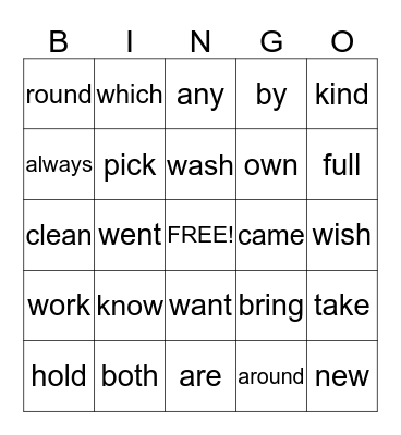 Sight Words Bingo Card
