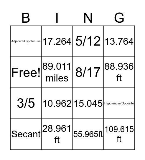 Triangle Trig Bingo Card