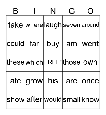 Sight Words Bingo Card
