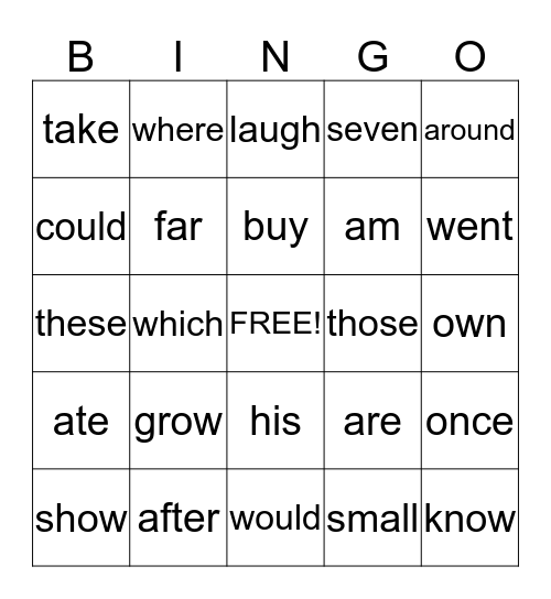 Sight Words Bingo Card
