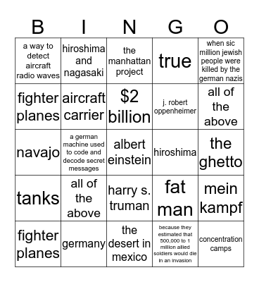 Test # 9 Bingo Card
