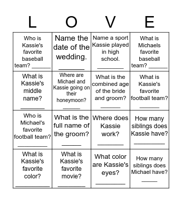 Bridal Shower Bingo Card