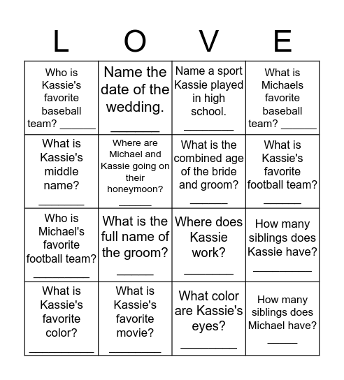 Bridal Shower Bingo Card