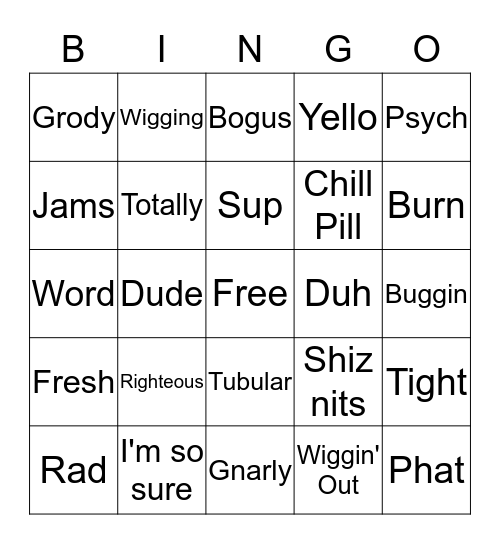 80s Slang Bingo Card