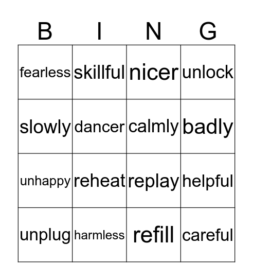 1st prefix suffix Bingo Card