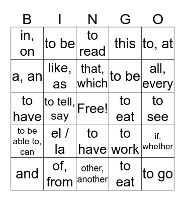 Spanish 1 Bingo Card