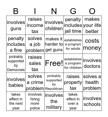 Congressional Bill Bingo Card