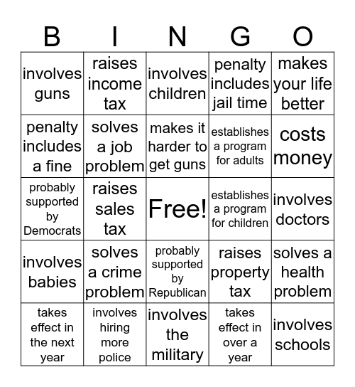 Congressional Bill Bingo Card