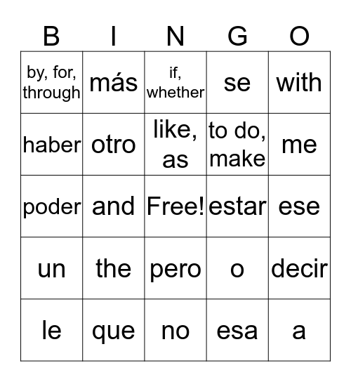 spanish Bingo Card