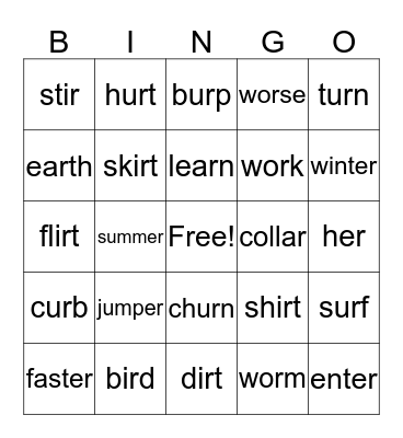 Er Words Bingo Card