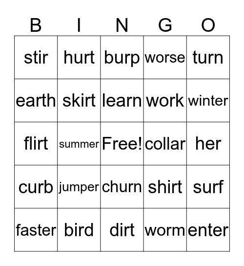 Er Words Bingo Card