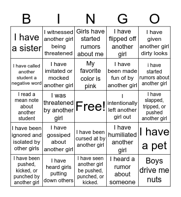 Girls Group Bingo Card