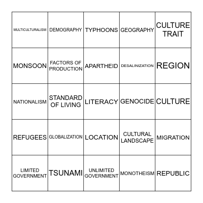 SOCIAL STUDIES TERMS Bingo Card