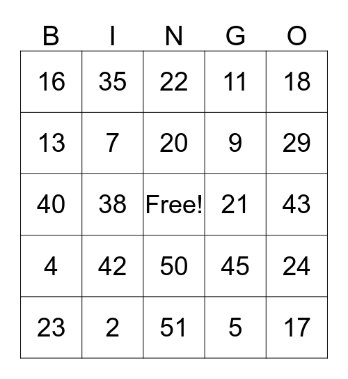Numeros! Bingo Card