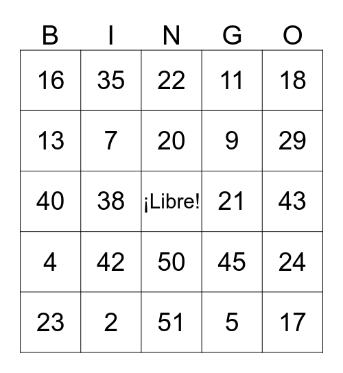 Numeros! Bingo Card