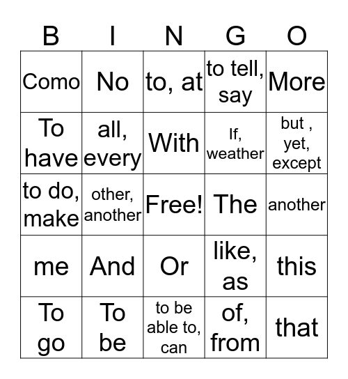 Spanish 2 Bingo Card