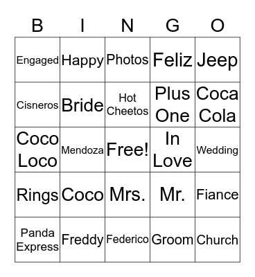Mitzi's Bridal Shower Bingo Card