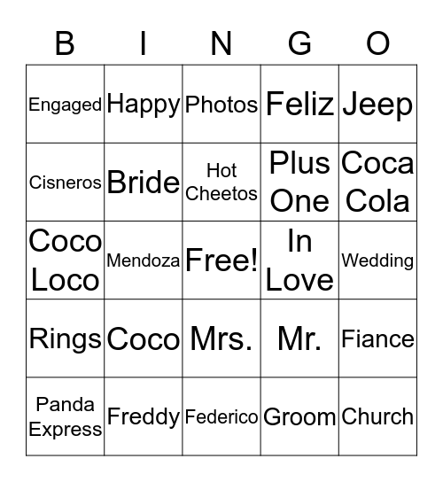 Mitzi's Bridal Shower Bingo Card