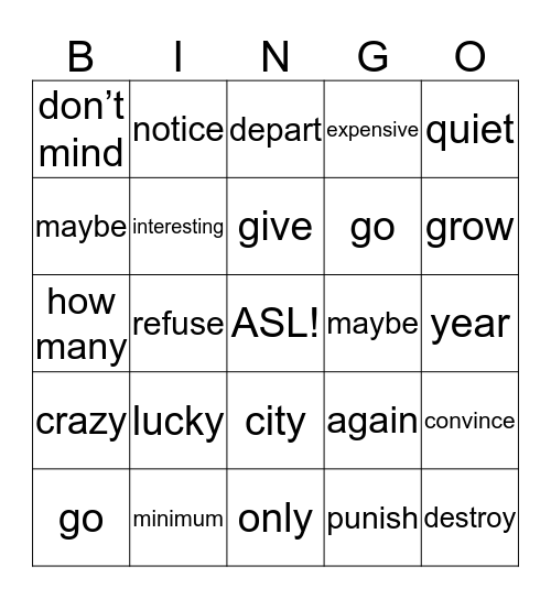 ASL Bingo Card