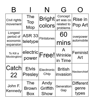 1960s Bingo Card