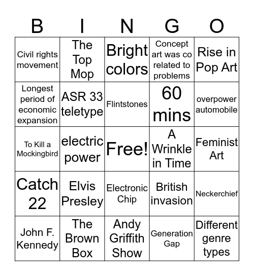 1960s Bingo Card