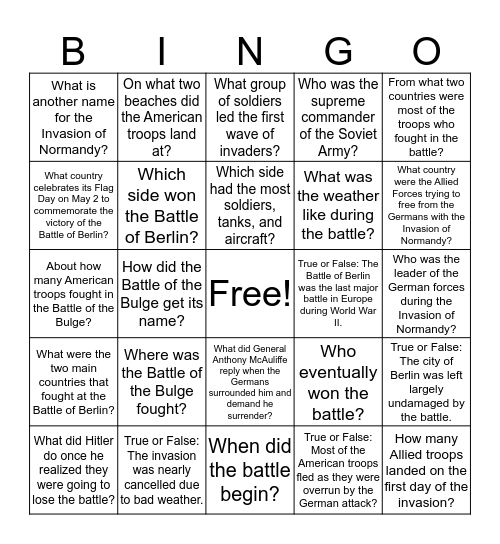 battle of the bulge Bingo Card