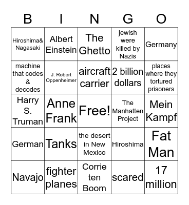 WWll TEST 9 BINGO Card