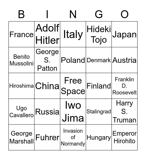WW2 Allied Powers, Axis Powers, Europe Bingo Card