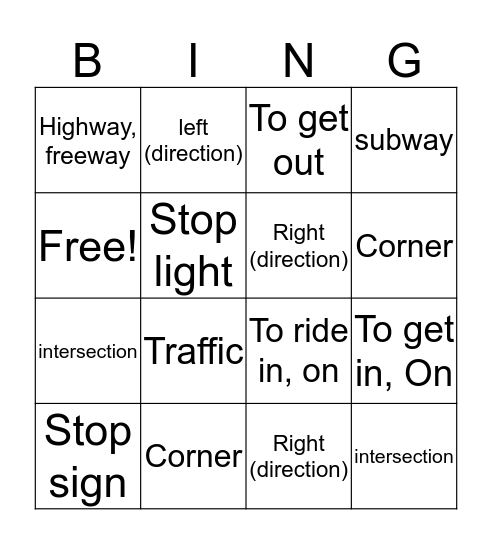 Getting around town Bingo Card