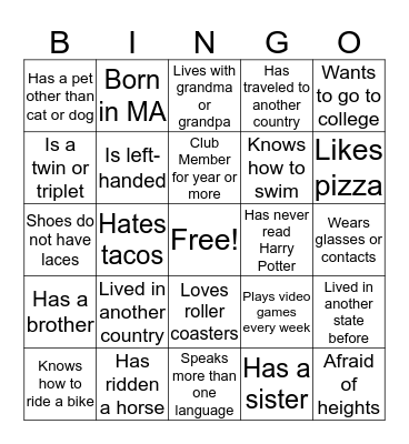 Get to Know You BINGO Card