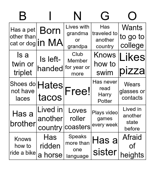 Get to Know You BINGO Card