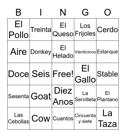 !Spanish Bingo! Bingo Card