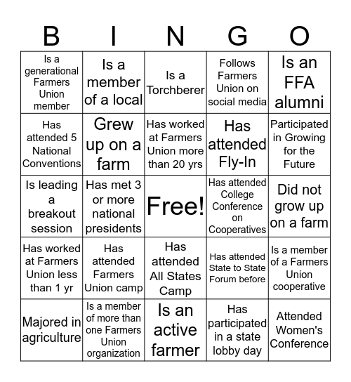Farmers Union Bingo! Bingo Card