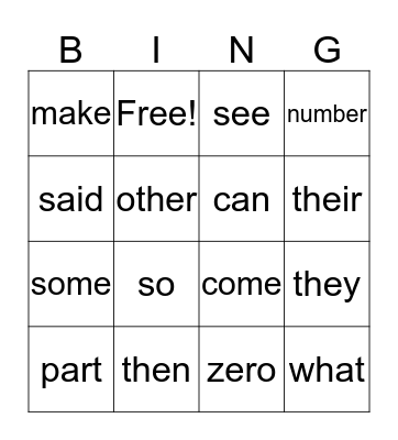 Sight Word Bingo Card