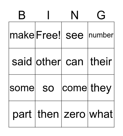 Sight Word Bingo Card