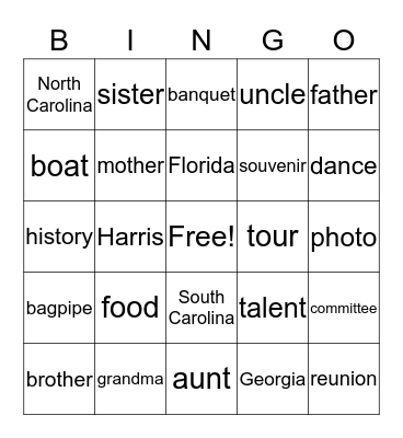 HARRIS FAMILY REUNION Bingo Card