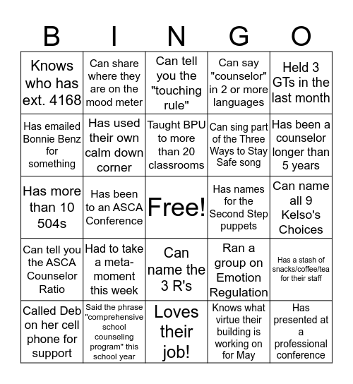 Find a Counselor Who.... Bingo Card