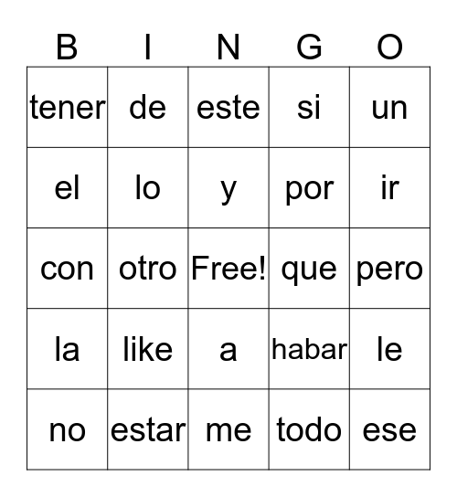 Spanish Bingo Card