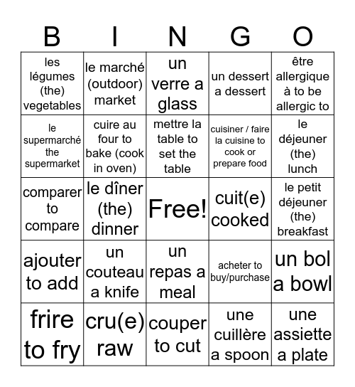 La Cuisine Bingo Card