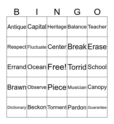 Definition Bingo Card